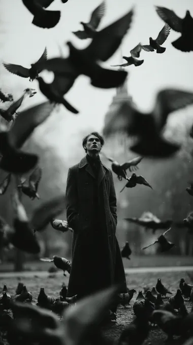 A man in the park, surrounded by birds flying overhead, is photographed with an analog camera using black-and-white film, creating a nostalgic atmosphere. The composition is centered around him, with various bird species such as doves or pigeons scattered throughout. He stands on one foot while holding his coat open to fully capture them in flight. This scene conveys a sense of solitude amidst nature's beauty.   --s 750 rofile n9x8fgq --raw