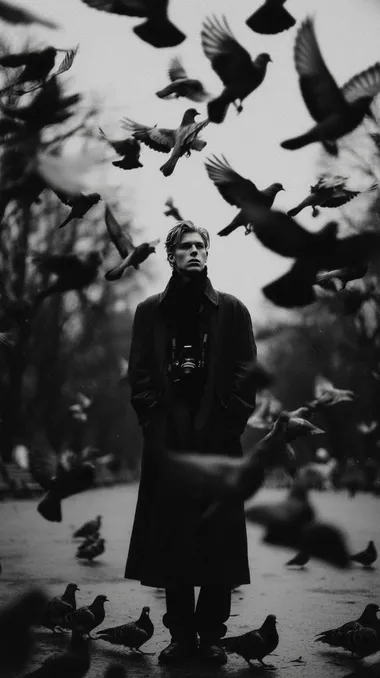 A man in the park, surrounded by birds flying overhead, is photographed with an analog camera using black-and-white film, creating a nostalgic atmosphere. The composition is centered around him, with various bird species such as doves or pigeons scattered throughout. He stands on one foot while holding his coat open to fully capture them in flight. This scene conveys a sense of solitude amidst nature's beauty.   --s 750 rofile n9x8fgq --raw