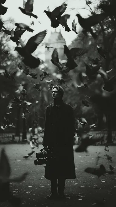 A man in the park, surrounded by birds flying overhead, is photographed with an analog camera using black-and-white film, creating a nostalgic atmosphere. The composition is centered around him, with various bird species such as doves or pigeons scattered throughout. He stands on one foot while holding his coat open to fully capture them in flight. This scene conveys a sense of solitude amidst nature's beauty.   --s 750 rofile n9x8fgq --raw