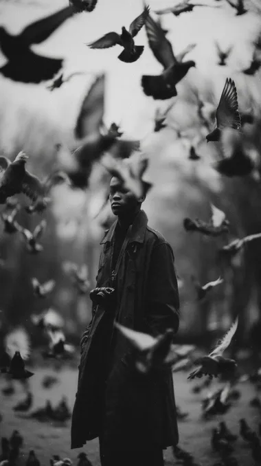 A man in the park, surrounded by birds flying overhead, is photographed with an analog camera using black-and-white film, creating a nostalgic atmosphere. The composition is centered around him, with various bird species such as doves or pigeons scattered throughout. He stands on one foot while holding his coat open to fully capture them in flight. This scene conveys a sense of solitude amidst nature's beauty.   --s 750 rofile n9x8fgq --raw