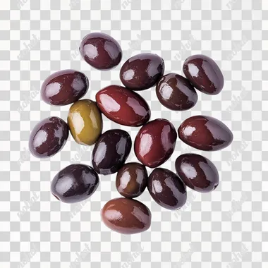 one isolated Kalamata Olives on white background, topview. light form left top corner