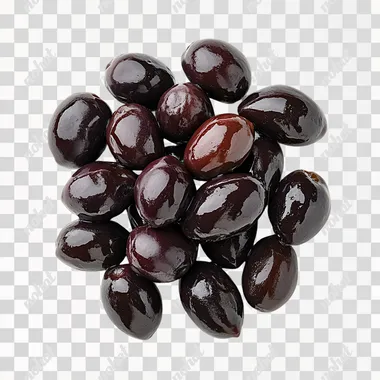 one isolated Kalamata Olives on white background, topview. light form left top corner