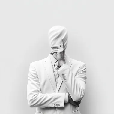 homme blanc fond blanc qui se pose une questionla main sur le monton
