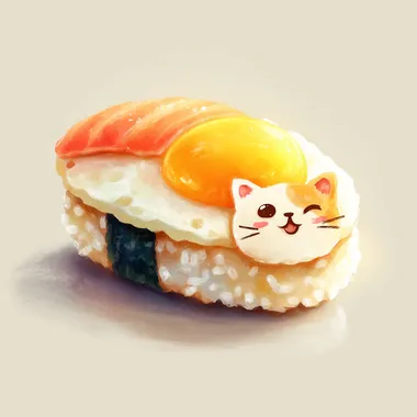 A super cute kawaii tamago sushi with cat face, Impressionism, illustration,vector