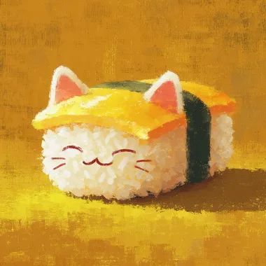 A super cute kawaii tamago sushi with cat face, Impressionism, illustration,vector