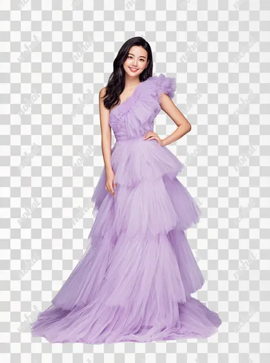 A stunning young Asian woman, standing full body, radiant smooth skin, soft natural glam makeup, long glossy wavy black hair, wearing an elegant pastel lavender one-shoulder flowy dress with layered tulle, premium fashion style, gentle friendly smile, graceful feminine pose, high-fashion editorial, no background, transparent, studio cutout, ultra high resolution,