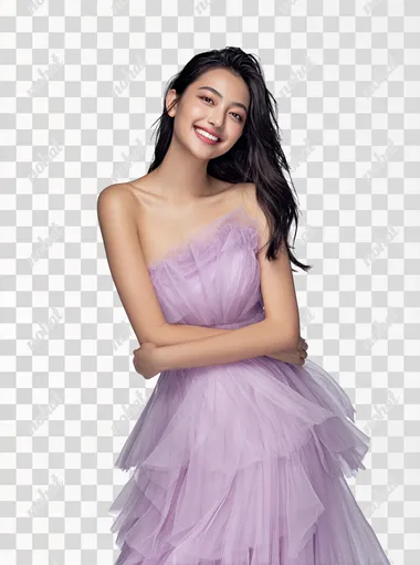 A stunning young Asian woman, standing full body, radiant smooth skin, soft natural glam makeup, long glossy wavy black hair, wearing an elegant pastel lavender one-shoulder flowy dress with layered tulle, premium fashion style, gentle friendly smile, graceful feminine pose, high-fashion editorial, no background, transparent, studio cutout, ultra high resolution,