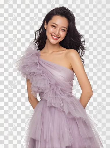 A stunning young Asian woman, standing full body, radiant smooth skin, soft natural glam makeup, long glossy wavy black hair, wearing an elegant pastel lavender one-shoulder flowy dress with layered tulle, premium fashion style, gentle friendly smile, graceful feminine pose, high-fashion editorial, no background, transparent, studio cutout, ultra high resolution,