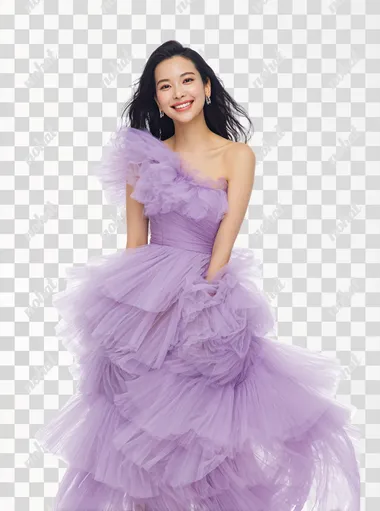 A stunning young Asian woman, standing full body, radiant smooth skin, soft natural glam makeup, long glossy wavy black hair, wearing an elegant pastel lavender one-shoulder flowy dress with layered tulle, premium fashion style, gentle friendly smile, graceful feminine pose, high-fashion editorial, no background, transparent, studio cutout, ultra high resolution,