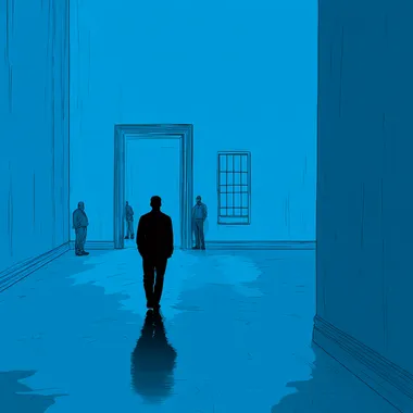In the center of an all-blue room, there is only one man in silhouette wearing black walking towards me. There are three people standing far away from him in different directions. In the style of Sticker art.