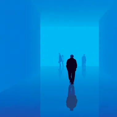 In the center of an all-blue room, there is only one man in silhouette wearing black walking towards me. There are three people standing far away from him in different directions. In the style of Sticker art.
