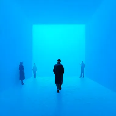 In the center of an all-blue room, there is only one man in silhouette wearing black walking towards me. There are three people standing far away from him in different directions. In the style of Sticker art.