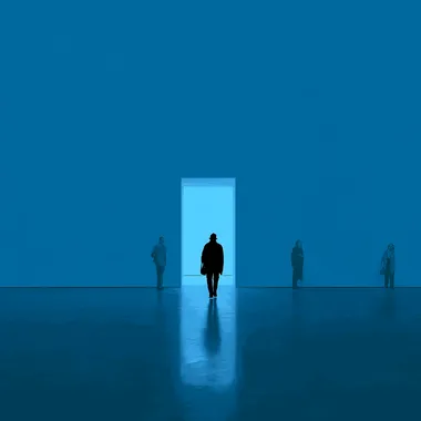In the center of an all-blue room, there is only one man in silhouette wearing black walking towards me. There are three people standing far away from him in different directions. In the style of Sticker art.
