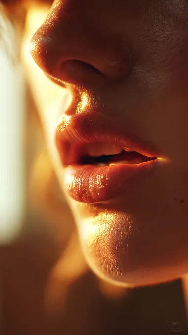 Photorealistic extreme close-up of a beautifully detailed female mouth, softly illuminated by warm golden-hour sunlight, vivid natural lips texture with delicate highlights, subtle shadows adding depth and realism, visible fine skin texture, natural authentic expression, warm amber tones, shallow depth-of-field with soft blurred warm background, cinematic atmosphere, captured with an 85mm macro lens, 8K ultra-high-definition detail,  rofile zf85lyb  --raw
