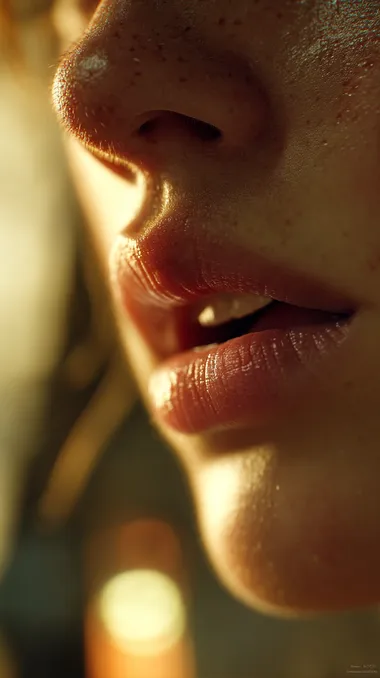 Photorealistic extreme close-up of a beautifully detailed female mouth, softly illuminated by warm golden-hour sunlight, vivid natural lips texture with delicate highlights, subtle shadows adding depth and realism, visible fine skin texture, natural authentic expression, warm amber tones, shallow depth-of-field with soft blurred warm background, cinematic atmosphere, captured with an 85mm macro lens, 8K ultra-high-definition detail,  rofile zf85lyb  --raw