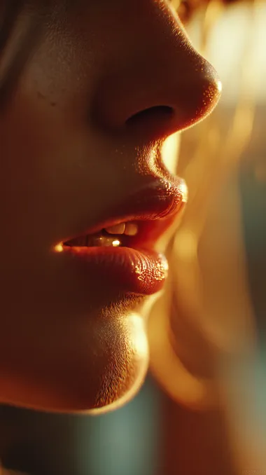 Photorealistic extreme close-up of a beautifully detailed female mouth, softly illuminated by warm golden-hour sunlight, vivid natural lips texture with delicate highlights, subtle shadows adding depth and realism, visible fine skin texture, natural authentic expression, warm amber tones, shallow depth-of-field with soft blurred warm background, cinematic atmosphere, captured with an 85mm macro lens, 8K ultra-high-definition detail,  rofile zf85lyb  --raw