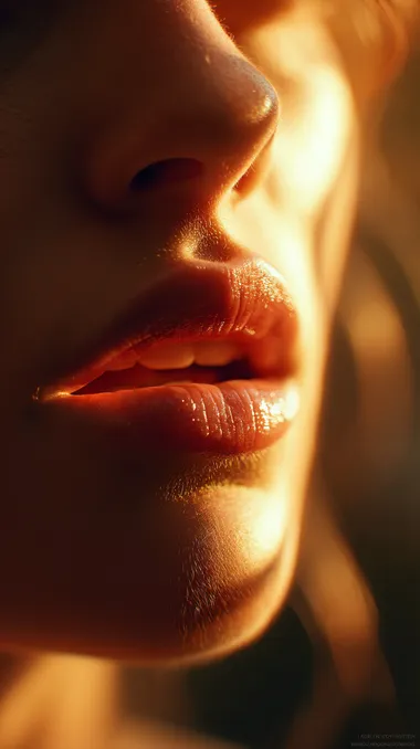 Photorealistic extreme close-up of a beautifully detailed female mouth, softly illuminated by warm golden-hour sunlight, vivid natural lips texture with delicate highlights, subtle shadows adding depth and realism, visible fine skin texture, natural authentic expression, warm amber tones, shallow depth-of-field with soft blurred warm background, cinematic atmosphere, captured with an 85mm macro lens, 8K ultra-high-definition detail,  rofile zf85lyb  --raw