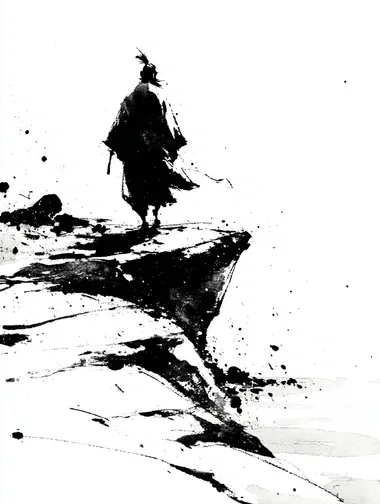 one-line drawing with high contrast, a thinner and longer man in Tang Dynasty Chinese costume with a bun hairstyle or small hat, facing and looking desperately at a much larger rock blocking his way on a mountain trail, handsome features, minimalistic art style, black and white, simple and expressive, aspect ratio 3:4   rofile 5zvycoc