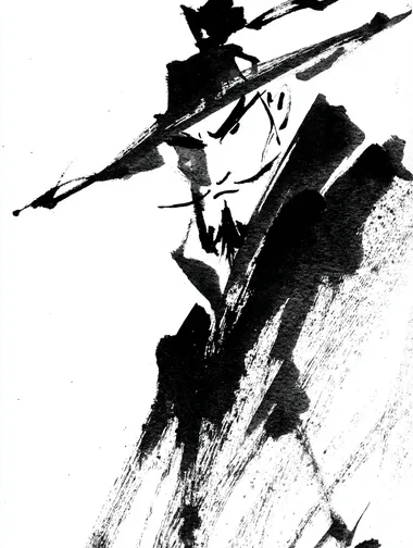 one-line drawing with high contrast, a thinner and longer man in Tang Dynasty Chinese costume with a bun hairstyle or small hat, facing and looking desperately at a much larger rock blocking his way on a mountain trail, handsome features, minimalistic art style, black and white, simple and expressive, aspect ratio 3:4   rofile 5zvycoc