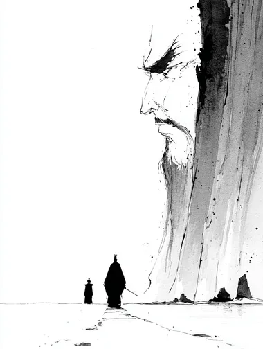 one-line drawing with high contrast, a thinner and longer man in Tang Dynasty Chinese costume with a bun hairstyle or small hat, facing and looking desperately at a much larger rock blocking his way on a mountain trail, handsome features, minimalistic art style, black and white, simple and expressive, aspect ratio 3:4   rofile 5zvycoc