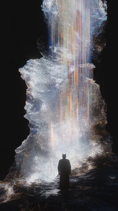 A Buddha stands in the center of an ocean made entirely of light, with multicoloured reflections of the sea above his head and tiny ripples visible on the water below him. Also they seem lost in thought, creating a mesmerizing and otherworldly scene. The figure is illuminated from below by multiple beams of light, and in front of it is an endless expanse of black water that captures detail and color, creating a mesmerizing display of beauty and depth. The lights illuminated their Outlines as they gazed into the depths below, looking up at these glowing structures above them. The scene conveys a sense of wonder and exploration in the vastness of the space, and in front of them is a huge structure composed of crystal-like structures with multi-colored light radiating outward. It was as if they had entered another dimension where everything looked different but still retained their memories. They seem to get lost in these glowing elements,Gorgeous colors,blender, c4d, ue5    234156073  rofile gvoztyb