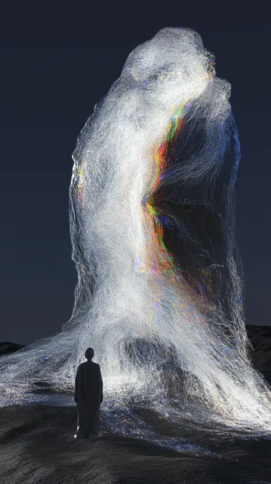 A Buddha stands in the center of an ocean made entirely of light, with multicoloured reflections of the sea above his head and tiny ripples visible on the water below him. Also they seem lost in thought, creating a mesmerizing and otherworldly scene. The figure is illuminated from below by multiple beams of light, and in front of it is an endless expanse of black water that captures detail and color, creating a mesmerizing display of beauty and depth. The lights illuminated their Outlines as they gazed into the depths below, looking up at these glowing structures above them. The scene conveys a sense of wonder and exploration in the vastness of the space, and in front of them is a huge structure composed of crystal-like structures with multi-colored light radiating outward. It was as if they had entered another dimension where everything looked different but still retained their memories. They seem to get lost in these glowing elements,Gorgeous colors,blender, c4d, ue5    234156073  rofile gvoztyb