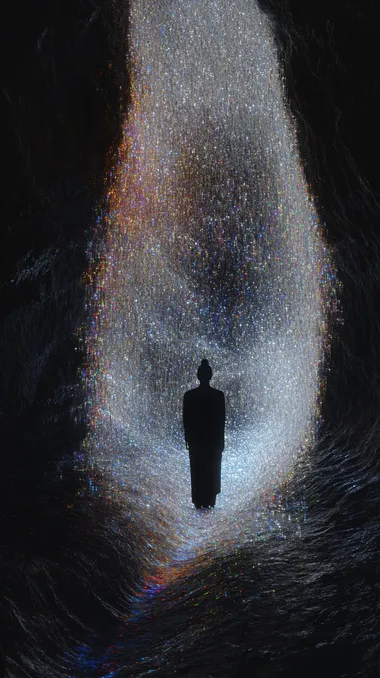 A Buddha stands in the center of an ocean made entirely of light, with multicoloured reflections of the sea above his head and tiny ripples visible on the water below him. Also they seem lost in thought, creating a mesmerizing and otherworldly scene. The figure is illuminated from below by multiple beams of light, and in front of it is an endless expanse of black water that captures detail and color, creating a mesmerizing display of beauty and depth. The lights illuminated their Outlines as they gazed into the depths below, looking up at these glowing structures above them. The scene conveys a sense of wonder and exploration in the vastness of the space, and in front of them is a huge structure composed of crystal-like structures with multi-colored light radiating outward. It was as if they had entered another dimension where everything looked different but still retained their memories. They seem to get lost in these glowing elements,Gorgeous colors,blender, c4d, ue5    234156073  rofile gvoztyb