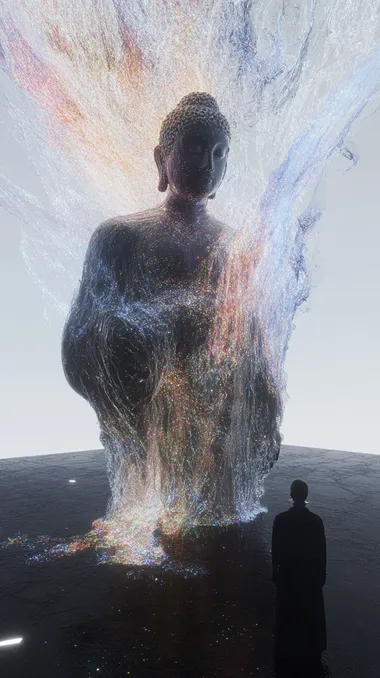 A Buddha stands in the center of an ocean made entirely of light, with multicoloured reflections of the sea above his head and tiny ripples visible on the water below him. Also they seem lost in thought, creating a mesmerizing and otherworldly scene. The figure is illuminated from below by multiple beams of light, and in front of it is an endless expanse of black water that captures detail and color, creating a mesmerizing display of beauty and depth. The lights illuminated their Outlines as they gazed into the depths below, looking up at these glowing structures above them. The scene conveys a sense of wonder and exploration in the vastness of the space, and in front of them is a huge structure composed of crystal-like structures with multi-colored light radiating outward. It was as if they had entered another dimension where everything looked different but still retained their memories. They seem to get lost in these glowing elements,Gorgeous colors,blender, c4d, ue5    234156073  rofile gvoztyb