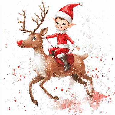 elf on the shelf riding a reindeer in minimalistic watercolour style. make the elf and reindeer look like toys. add a few christmas elements to the background