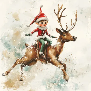 elf on the shelf riding a reindeer in minimalistic watercolour style. make the elf and reindeer look like toys. add a few christmas elements to the background