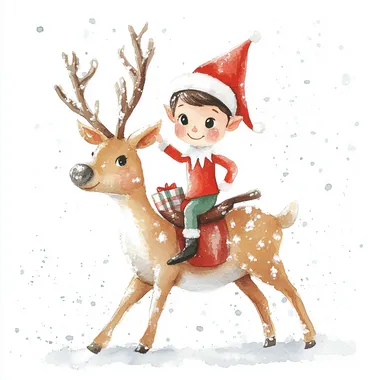 elf on the shelf riding a reindeer in minimalistic watercolour style. make the elf and reindeer look like toys. add a few christmas elements to the background