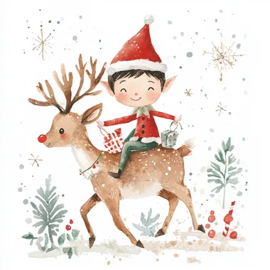 elf on the shelf riding a reindeer in minimalistic watercolour style. make the elf and reindeer look like toys. add a few christmas elements to the background