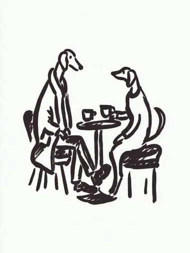 A simple line drawing of two anthropomorphic Weimaraner dog sitting at the table in a chair and drinking cofffee, Wearing down jacketsand shoes,Fashion runway design,A tall and slender figure ,aristocratic temperament, Dynamic capture of runway shows, isolated on a white background, in the style of Gemma Correll and Bill Watterson.