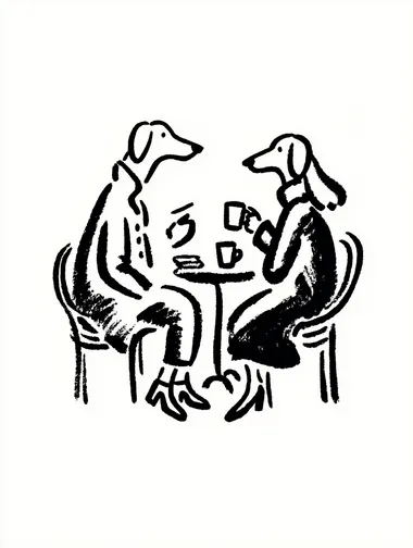 A simple line drawing of two anthropomorphic Weimaraner dog sitting at the table in a chair and drinking cofffee, Wearing down jacketsand shoes,Fashion runway design,A tall and slender figure ,aristocratic temperament, Dynamic capture of runway shows, isolated on a white background, in the style of Gemma Correll and Bill Watterson.