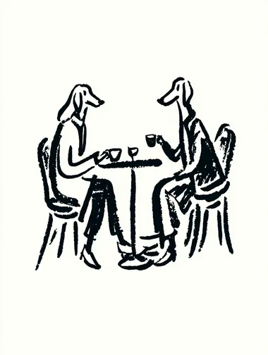 A simple line drawing of two anthropomorphic Weimaraner dog sitting at the table in a chair and drinking cofffee, Wearing down jacketsand shoes,Fashion runway design,A tall and slender figure ,aristocratic temperament, Dynamic capture of runway shows, isolated on a white background, in the style of Gemma Correll and Bill Watterson.