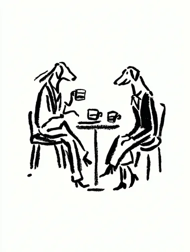 A simple line drawing of two anthropomorphic Weimaraner dog sitting at the table in a chair and drinking cofffee, Wearing down jacketsand shoes,Fashion runway design,A tall and slender figure ,aristocratic temperament, Dynamic capture of runway shows, isolated on a white background, in the style of Gemma Correll and Bill Watterson.