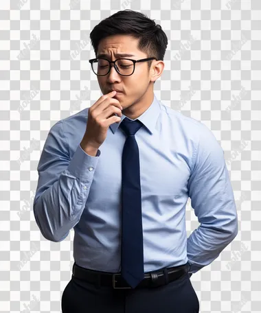 An Asian thai man age 22 with glasses, wearing a blue shirt, navy blue tie, is biting his fingernails nervously and he look down to the floor, isolated on a white background