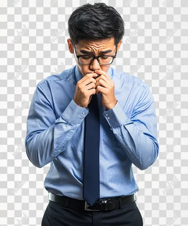 An Asian thai man age 22 with glasses, wearing a blue shirt, navy blue tie, is biting his fingernails nervously and he look down to the floor, isolated on a white background