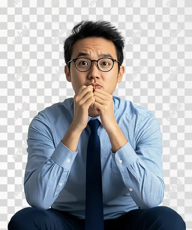 An Asian thai man age 22 with glasses, wearing a blue shirt, navy blue tie, is biting his fingernails nervously and he look down to the floor, isolated on a white background