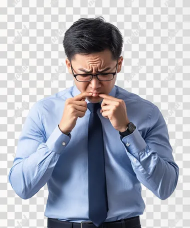 An Asian thai man age 22 with glasses, wearing a blue shirt, navy blue tie, is biting his fingernails nervously and he look down to the floor, isolated on a white background