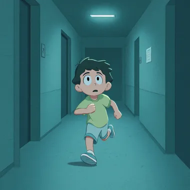 This is a cartoon-style,medium shot, a boy in the hospital, running anxiously   etg4osd