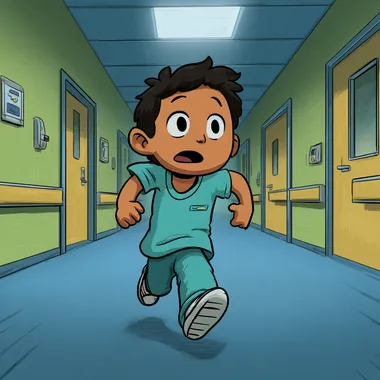 This is a cartoon-style,medium shot, a boy in the hospital, running anxiously   etg4osd