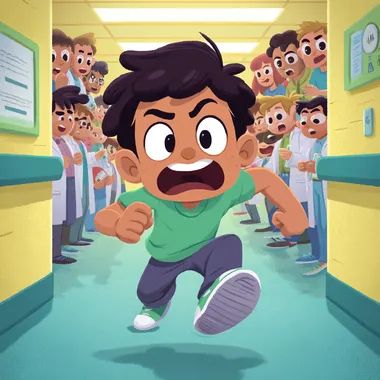 This is a cartoon-style,medium shot, a boy in the hospital, running anxiously   etg4osd