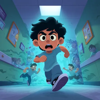 This is a cartoon-style,medium shot, a boy in the hospital, running anxiously   etg4osd