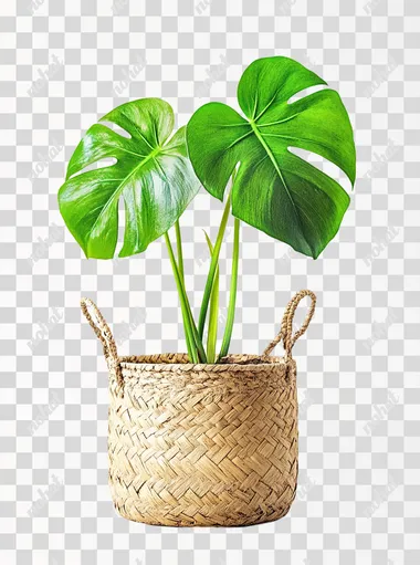 monstera plant in straw pot isolated on white background