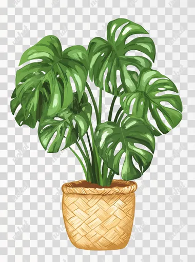 monstera plant in straw pot isolated on white background