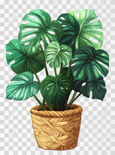 monstera plant in straw pot isolated on white background
