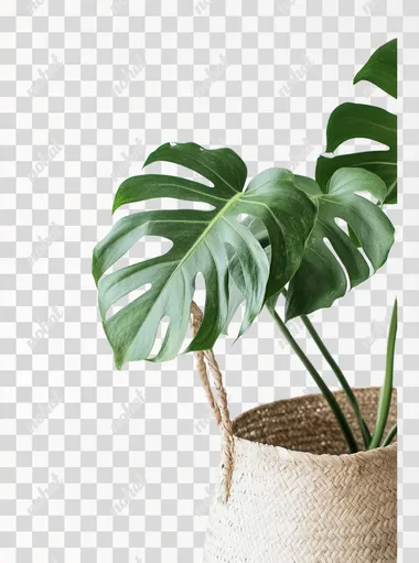 monstera plant in straw pot isolated on white background