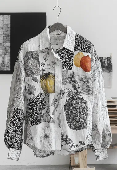A white women's shirt hanging on the wall, with small areas of leopard print and fruit patterns printed on it, with irregular composition.  4249887665   --s 250