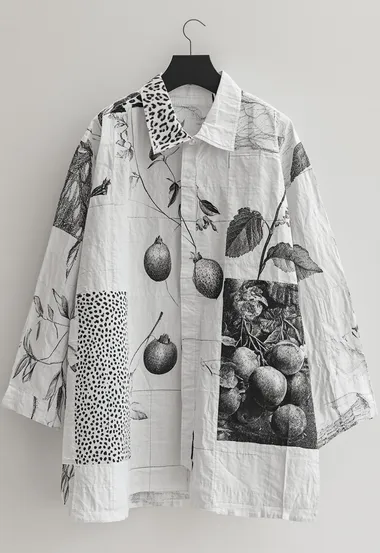 A white women's shirt hanging on the wall, with small areas of leopard print and fruit patterns printed on it, with irregular composition.  4249887665   --s 250